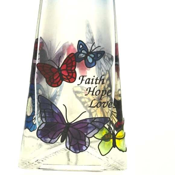 Joan Baker Designs Vtg Cobalt Art Stained Glass Bud Vase Butterflies Faith Hope - Picture 2 of 10